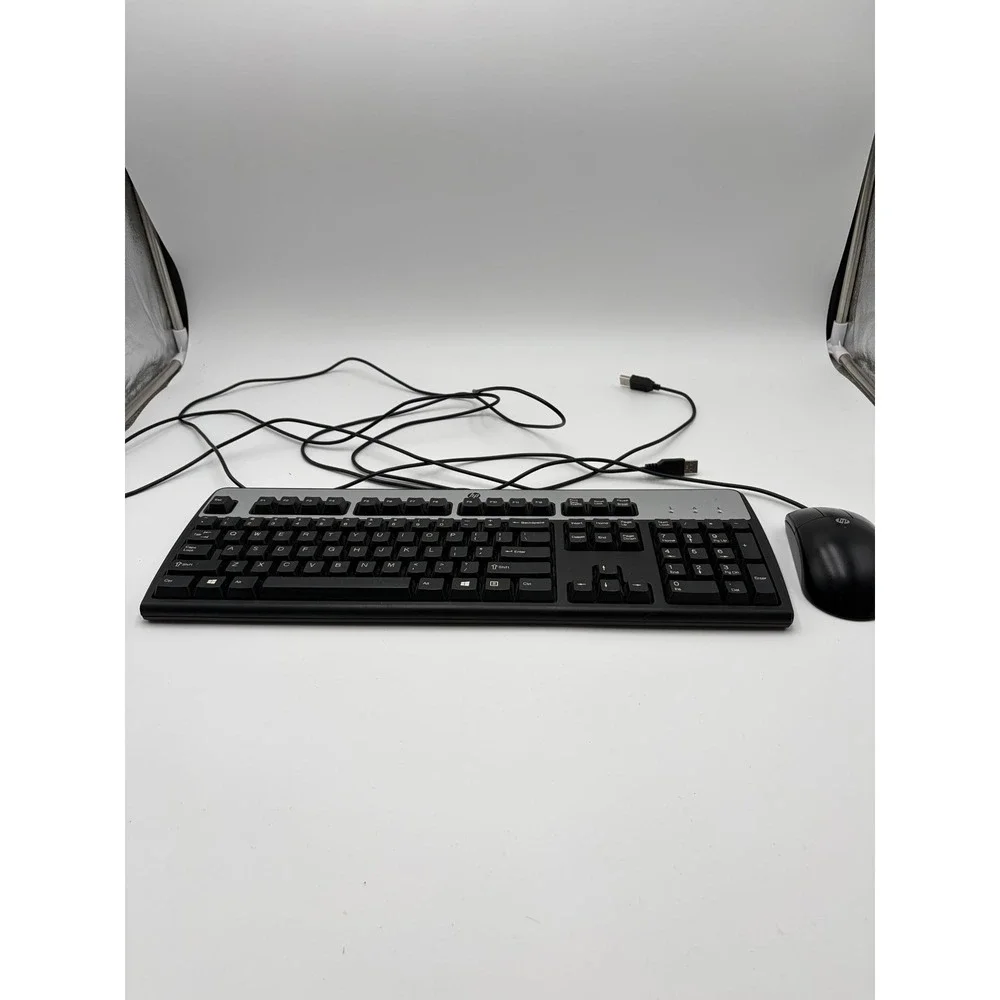 HP‎ Wired Keyboard Mouse Combo Unisex OS Black Silver Excellent KU-1156 MOFYUO